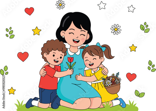 Cartoon mother kneeling on grass with two kids holding single red tulip and basket of wild flowers.