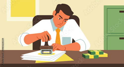 An angry businessman aggressively stamping paperwork at a desk with cash stacks