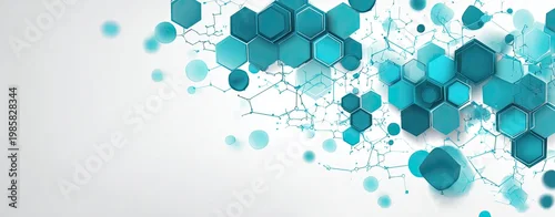 Obraz  z motywem A clean white abstract background densely populated on the right with floating teal 3D hexagons of various sizes and molecular connection lines, representing science and medical technology.