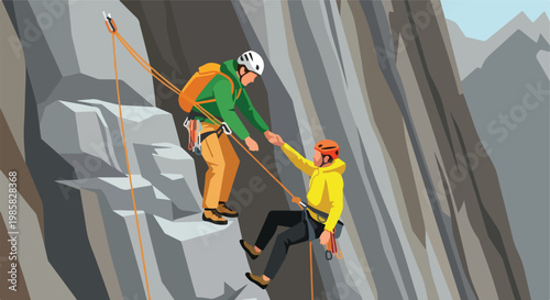 Two mountain climbers scaling a steep rocky cliff face with safety equipment gear