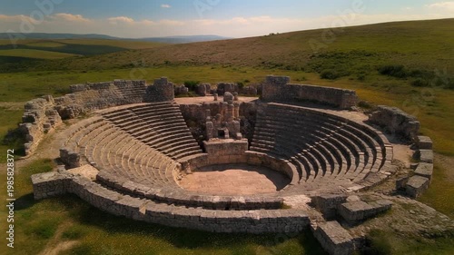cinematic aerial orbit around ancient stone amphitheater in open landscape