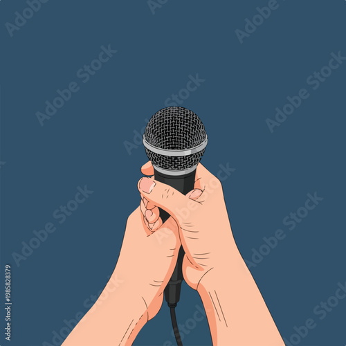 Hands holding a professional wired microphone against a solid blue background