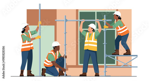 Construction workers in safety gear assemble scaffolding at a building site