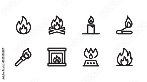 A collection of simple black and white line icons representing various types of fire and flames.