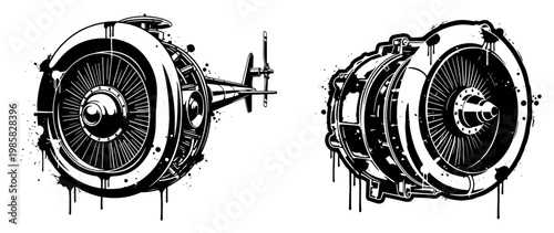 Mechanical turbine engine parts in black and white graffiti stencil style