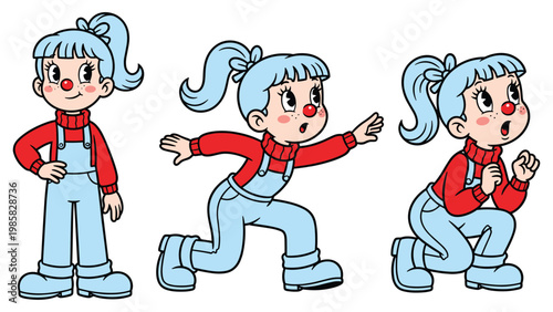 Retro cartoon girl character in red sweater and blue overalls.