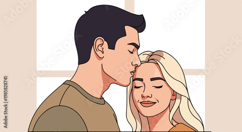 A man gently kisses the forehead of a smiling blonde woman indoors
