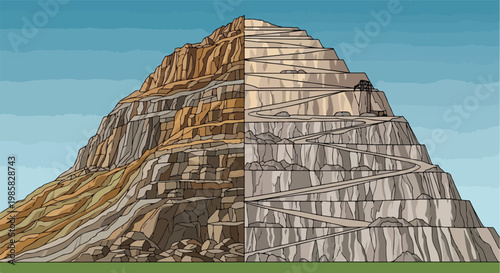 An illustration showing an open-pit mine with a zigzagging road path to the top