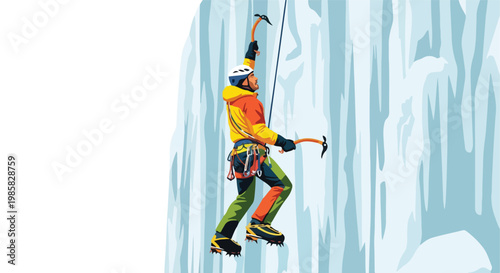An illustration of a mountaineer ice climbing a vertical frozen waterfall cliff