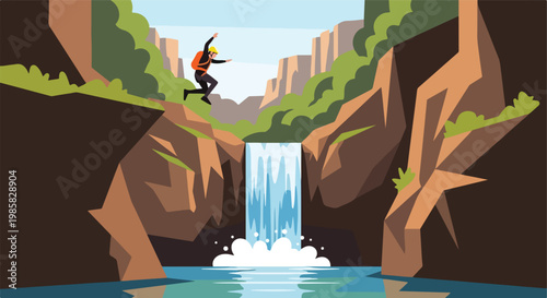 A daring person in safety gear jumps between cliffs over a cascading waterfall