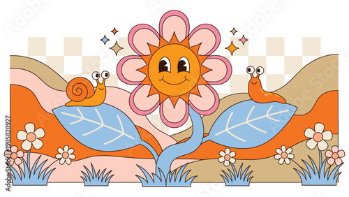 Retro floral landscape with smiling sun flower and cute snails on blue leaves in groovy art.