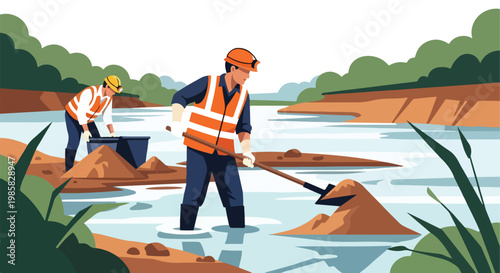Two workers in safety vests and helmets dredging sand from a river in the woods