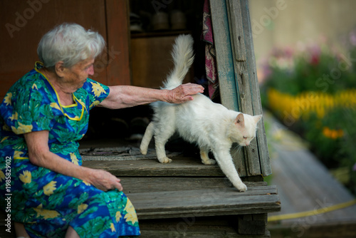 Elderly woman gently petting a white cat on a wooden porch, quiet rural moment near a garden in soft natural light.