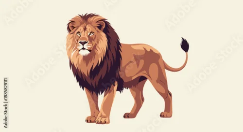 Fototapeta na wymiar Powerful lion standing in profile view with a thick dark mane and calm expression on a light cream background for wildlife concept.