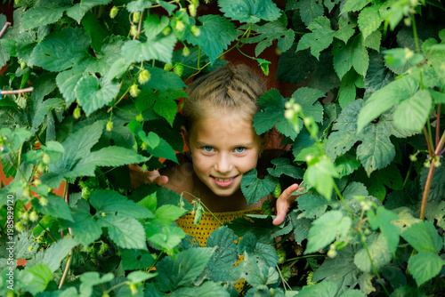 Smiling girl peeking through dense green leaves and branches, playful portrait framed by foliage in a garden.