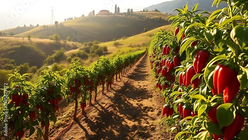 Sun-drenched Italian hillside with rows of red chili peppers.