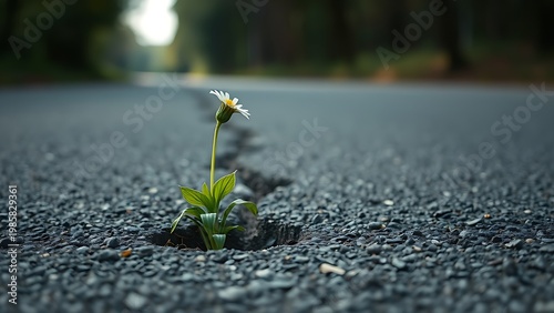 A resilient wildflower growing from a crack in an asphalt road.