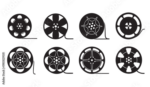 Film reels in a minimalist graphic style with clean lines and a monochrome palette