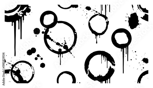 Messy ink circle stains with drips and splatters in urban grunge style