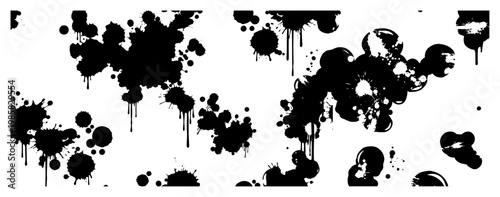 Circular ink splashes and paint splatters in black and white street art style