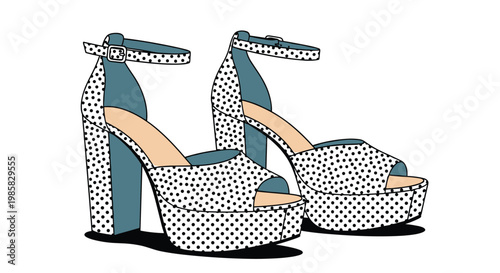 Stylish women's platform high heel sandals featuring a classic black polka dot pattern on white fabric with an ankle strap design.