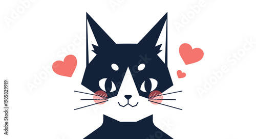 Stylized black and white cat face with cute pink heart icons on its cheeks and floating in the air for a romantic theme.