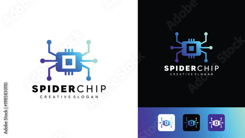 Modern Spider Chip Logo Template with Integrated Circuit Technology and Digital Network Connectivity for Tech Brands