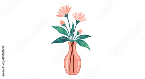 Elegant pink daisy flowers with green leaves arranged in a tall coral colored vase set against a plain white background for home decor.