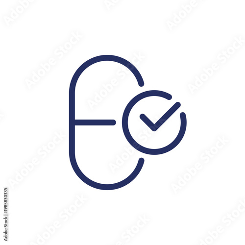 Take medication pixel perfect linear ui icon. Capsule and checkmark. Correct therapy. GUI, UX design. Outline isolated user interface element for app and web. Editable stroke. Arial font used