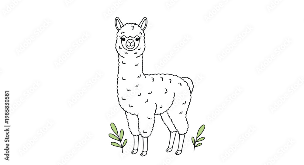 Fototapeta premium Elegant line art drawing of a fluffy alpaca or llama standing in a field with simple leaf decorations on a clean white background.