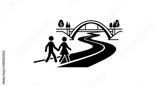 People Walking On A Road Towards A Bridge