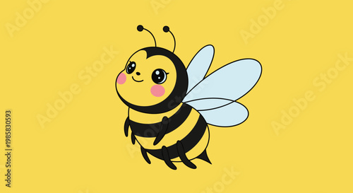Happy cartoon honeybee character with big expressive eyes and pink rosy cheeks flying against a solid yellow background for kids.