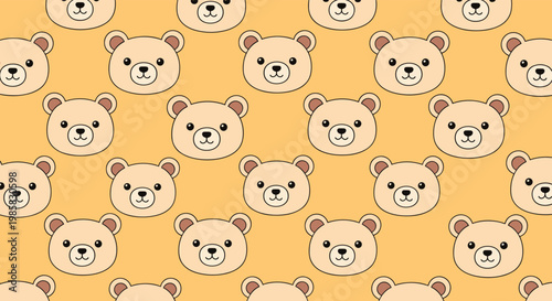 Cute repeat pattern of simple brown bear faces with friendly expressions set against a solid warm orange background for kids.