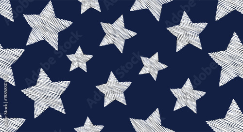 Night sky seamless pattern featuring hand drawn white stars with sketchy texture on a deep dark blue background for nursery decor.