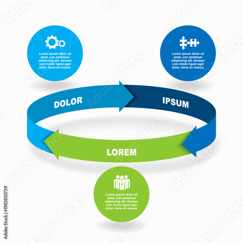 Modern circular infographic template with three steps, arrows, and icons for business process visualization. Vector illustration.