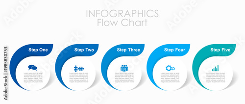 Horizontal business infographic template with five steps, circular elements, and icons. Vector illustration.