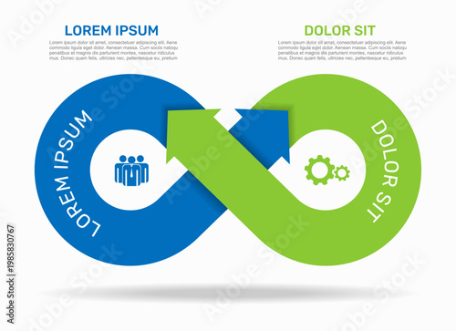 Infinity loop infographic template with two steps, arrows, and icons for business process visualization. Vector illustration.