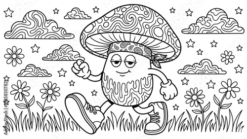 Trippy mushroom character walking in field with patterned cap.