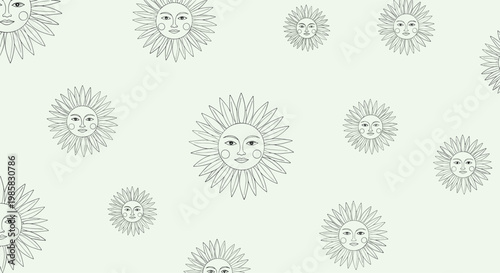 Vintage style seamless pattern of celestial suns with human faces and long rays on a soft light green background for textile print.