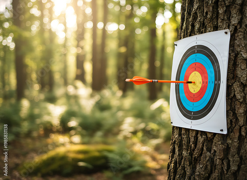 Orange arrow hits bullseye on colorful archery target. Target mounted on tree trunk in forest. Outdoor sport, focus, precision, accuracy achieved. Archery / Target Shooting