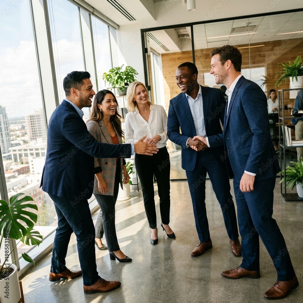 Obraz premium Diverse business professionals shaking hands in modern office
