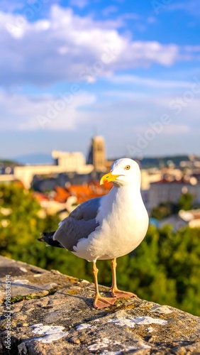 A seagull, facing right, perches on a weathered stone wall, with city buildings blurred in the background beneath a blue sky