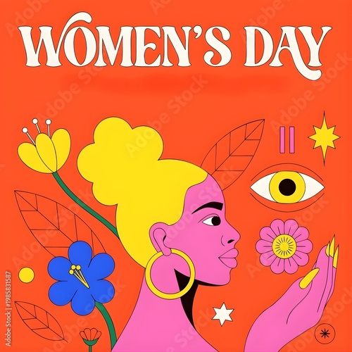 International Women’s Day illustration with a colorful female portrait and floral elements.