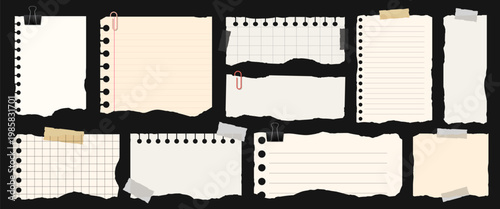 Ripped Paper Collection with Tape Torn Notebook Sheets Set Scrap Pieces with Clips and Adhesive Isolated Collage Elements