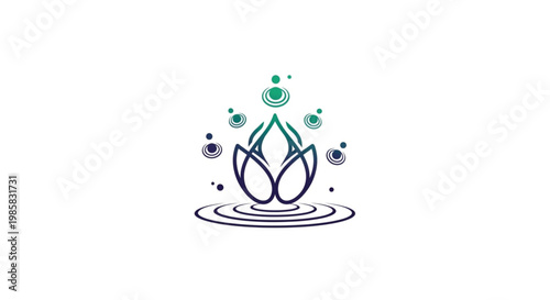 An elegant and minimalist line art logo featuring a stylized lotus flower resting on water ripples. The design uses a sophisticated teal and purple gradient. Surrounded by delicate floating circular.