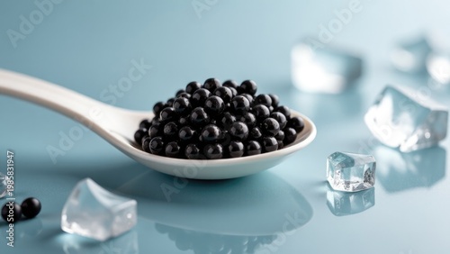 A spoon filled with blackberries next to ice cubes for a refreshing snack or dessert