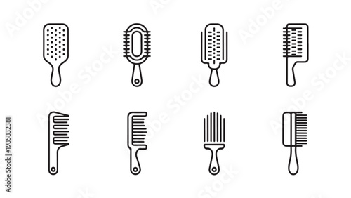 Collection of various hairbrush and comb line art icons for hair care and styling
