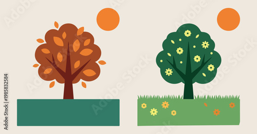 seasonal trees autumn and summer landscapes, minimalist flat vector nature illustration, aesthetic orange and green tree art, modern sun and field scenery, creative forest and garden posters, professi