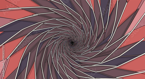Dynamic abstract spiral composed of overlapping sharp triangular shapes in shades of red, purple, and grey.