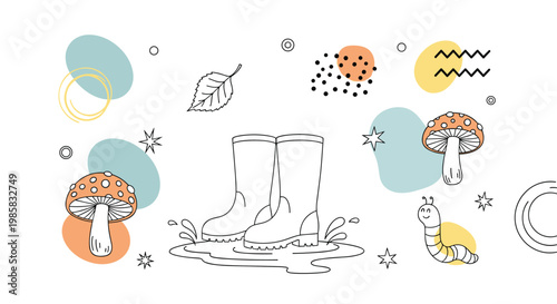 Autumnal themed illustration features a pair of white rain boots standing in a puddle surrounded by mushrooms.